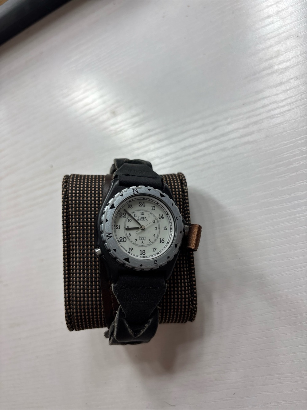Timex Black Strap Watch with White Dial and Compass Bezel